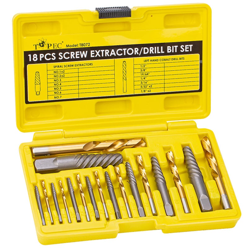 TOPEC Screw Extractor and Left Hand Drill Bit Set - 18 Piece Easy Out Bolt Extractor Kit for Removing Damaged Screws  Broken Bolts  Studs - Image 1